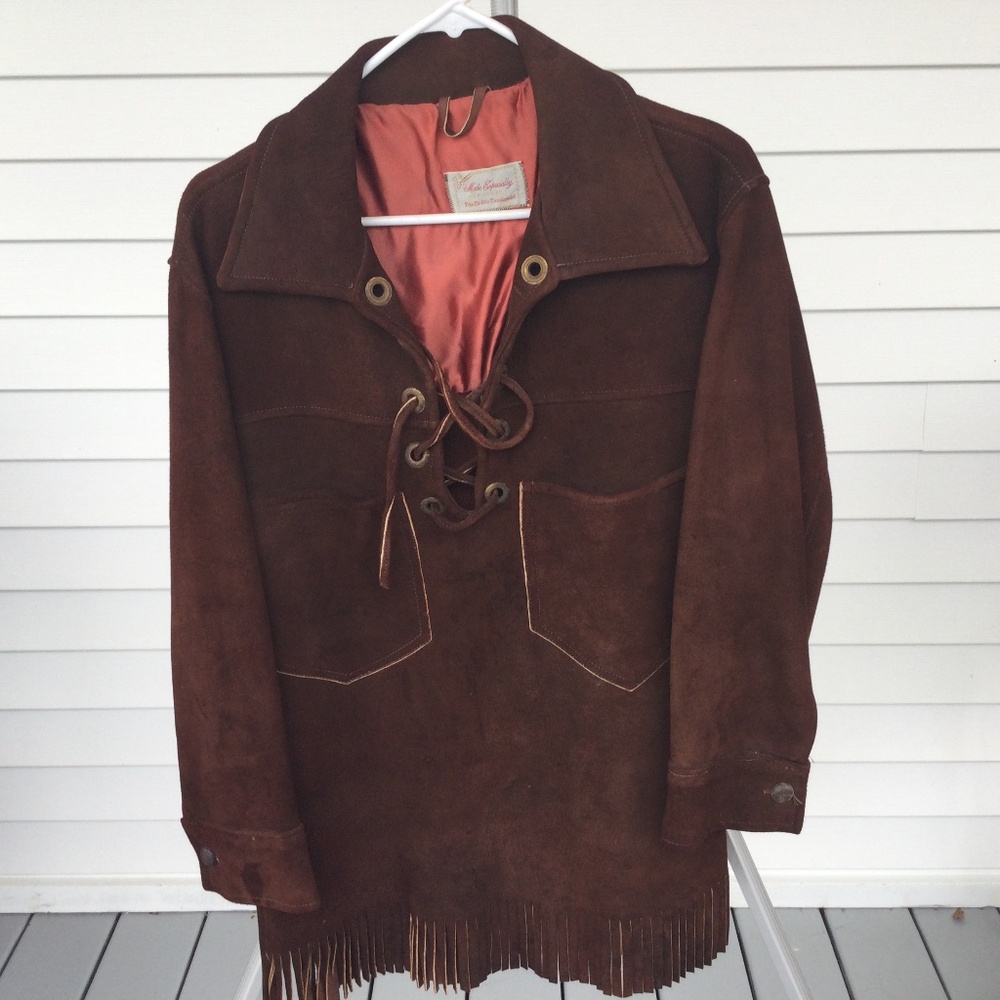 Vintage Brown Suede Leather Fringed Jacket, no size so notice measurements